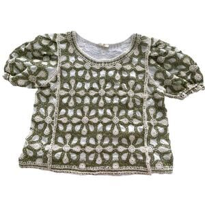 Anthropologie Solitaire Floral Green and White Puff Sleeve Crochet Top L